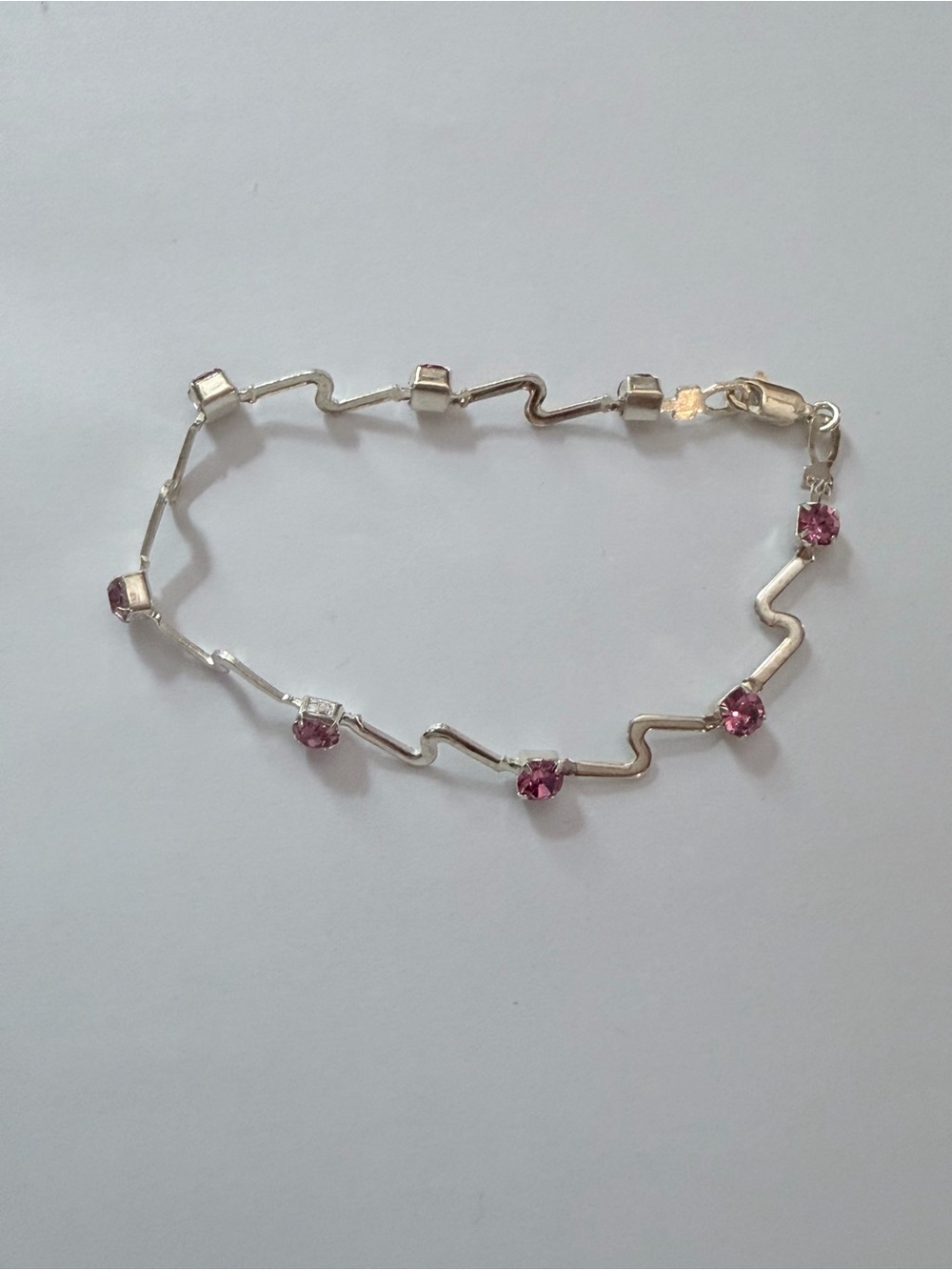 Sterling Silver Delicate Pink Crystal Zigzag Silver Bracelet